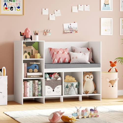 HOCSOK Kinderregal, 110 cm Spielzeugregal Kinderzimmer mit Kissen und 6 Ablagefächern, Kindersitzbank, Spielzeugaufbewahrung für Kinder, 80,5×40×110cm