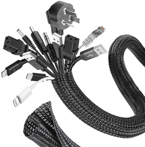 Romon 6m Kabelschlauch,16mm-25mm Zuschneidbar Kabelkanal Selbstschließend, Flexibler Gewebter Kabelmantel, Spiralschlauch für TV PC Heimkino Automobilkabel, Kabelmanagement Bissfest für Hund- Schwarz