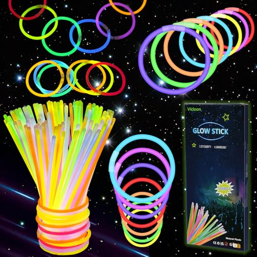 Vicloon Knicklichter Party Set,100 Stück Leuchtstäbe mit 100 Verbinder,Neon Knicklichter Ketten Sets,Glow Sticks Party Set für Deko Hochzeiten,Birthdays,Halloween,Christmas