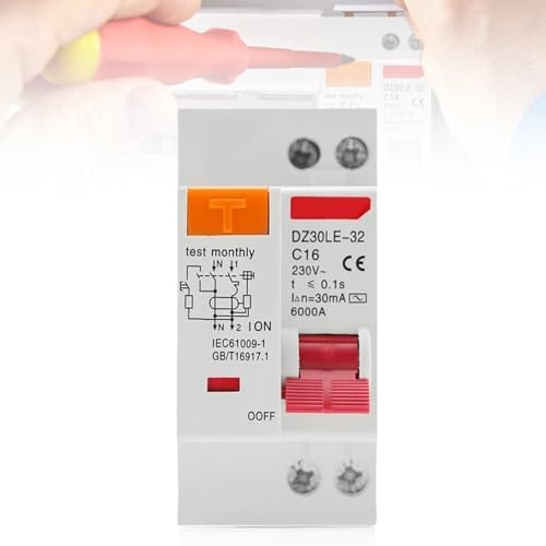Fi Schutzschalter 16A, AC 230V 30mA C16 1P+N Leitungsschutzschalter, Hutschiene Auslaufschutz Überlastschutz Fehlerstromschutzschalter, FI/LS Schalter Sicherungsautomat, Fehlerstromschutzschalter