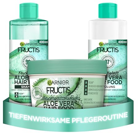 Garnier Fructis Feuchtigkeitsspendendes Haarpflege-Set für normales & trockenes Haar, mit Vitamin- und Lipidkomplex, Aloe Vera Hair Food Shampoo, Spülung, 3in1 Maske (400 ml)