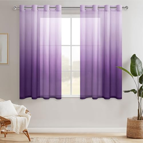 Hiasan Lila Gardinen mit Ösen Vorhänge Halbtransparent Wohnzimmer | Violett Farbverlauf 140x145cm 2er Set, Ösenvorhang Gardine Vorhang aus Voile Moderne Dekoschal für Schlafzimmer Kinderzimmer
