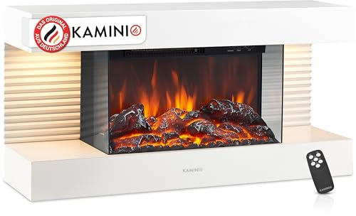 KAMINIO Elektrokamin Liz - Elektrischer Wandkamin mit Heizung, 3D-Flammeneffekt, LED-Ambientelicht, Fernbedienung (Weiß)