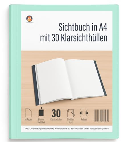 Friendly Fox Sichtbuch A4 mit Klarsichthüllen, Präsentationsmappe mit 30 Klarsichtfolien für 60 Sichten, Urkunden- oder Zeugnismappe, mint