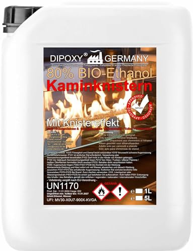 Bioethanol, Ethanol 80% Premium 5L - mit Kaminknister-Effekt, Bio-Ethanol für Dekofeuer, Tischkamin, Kamin & Gartendeko-Feuer für Innen und Außen - Rauch- und Rußfrei