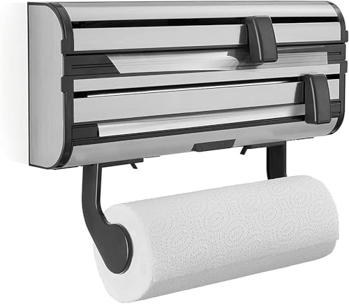 Leifheit Wandrollenhalter Parat Royal, Küchenrollenhalter scharfe Klingen | 3-fach für Küchenrolle/Alufolie/Frischhaltefolie, Einhandbedienung mit Abbremsfunktion, Edelstahlgehäuse, 39,0x10,0x27,0 cm