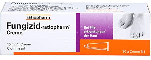Fungizid-ratiopharm® Creme mit dem Wirkstoff Clotrimazol. Zur schonenden Behandlung verschiedener Pilzerkrankungen der Haut, wie z. B. Fußpilz. 20 g Creme