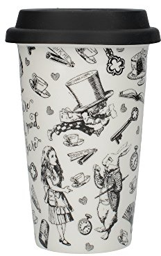 V&A Victoria & Albert Keramik-Reisebecher, Alice im Wunderland-Design, feines Knochenporzellan, 19,5 x 15,5 cm, Schwarz und Weiß