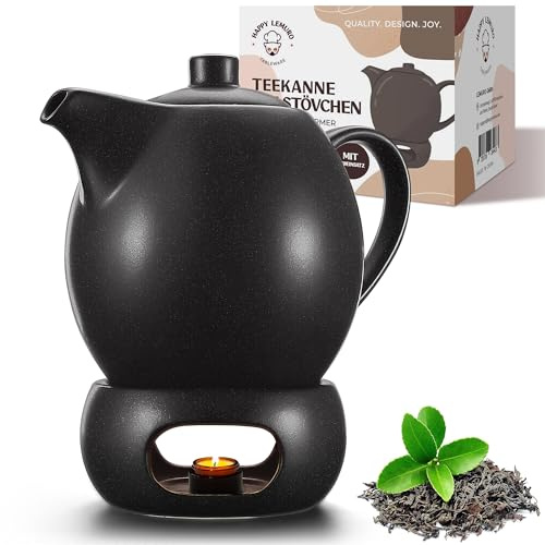 Happy Lemuro Teekanne mit Stövchen Set - 1,2 l - Teekanne mit Siebeinsatz und Stövchen - Keramik - Schwarz - Tee Zubehör - mit Kerzenwärmer