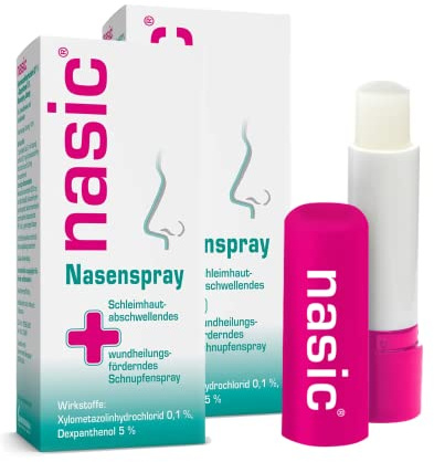 nasic Nasenspray mit dem Wirkplus| Abschwellendes & wundheilungsförderndes Schnupfenspray für Erwachsene & Schulkinder | Mit Xylometazolin & Dexpanthenol |Sparset mit 2 x 15 ml inkl. Lippenpflegestift