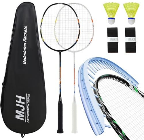 MANJHONG Badminton Set mit 2 Graphit Schläger - Kratzfestes Design - Federball Set für Erwachsene Incl. Federbälle, Griffbänder & Schlägertasche (Schwarz+Weiß)