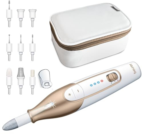 Beurer MP 64 Maniküre/Pediküreset, elektrisches Nagelpflegeset mit Akku, 10 Aufsätze zur Nagelpflege für schöne Hände und Füße, mit LED Licht, Einheitsgröße, White and gold