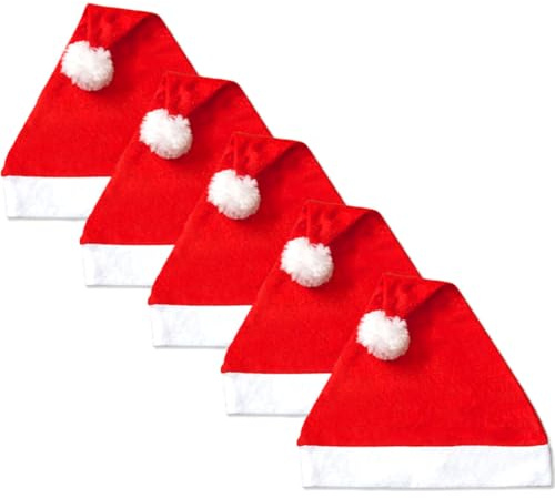 Jonami 5 Weihnachtsmützen, Nikolausmützen Weihnachtsmann Mütze Rot fur alle Erwachsene Einheitsgröße. Weihnachtszubehör