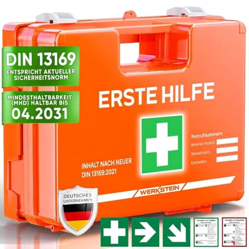 WERKSTEIN® Erste Hilfe Verbandskasten inkl. Wandhalterung [DIN 13169:2021] - Erste Hilfe Kasten für Betriebe, Zuhause & Einrichtungen - Erste Hilfe Koffer - First Aid Emergency Bag