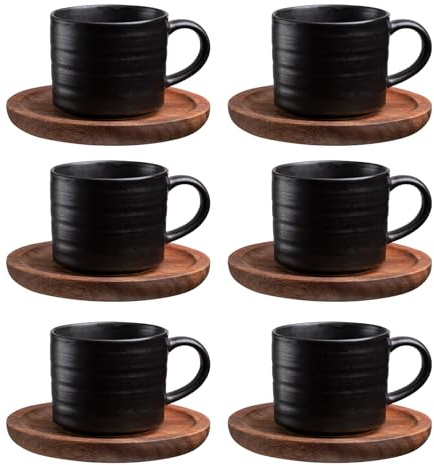 Cappuccino Tassen Set 6 x 140ml Kaffeeservice Steingut, 12 teiliges Kaffeeset für 6 Personen, Tassen mit Untertasse Kaffeetassen Set Edle Beinhaltet Kaffeelöffe Vintage Schwarz