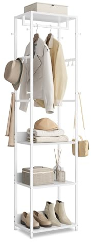 VASAGLE Kleiderständer, Garderobenständer mit Kleiderstange und Haken, Garderobe mit Ablagen, Stahlrahmen, für Kleidung, Taschen, Hüte, wolkenweiß RCR061WC02