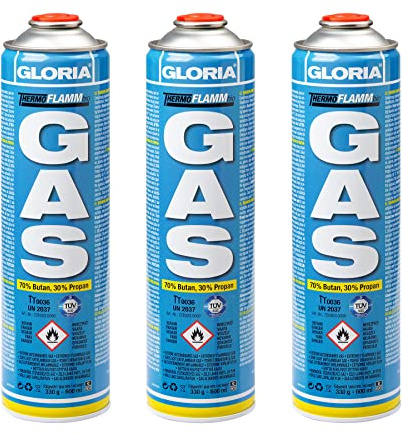 GLORIA Gaskartuschen 3 x 600ml | Ideal für GLORIA Thermoflamm Unkrautbrenner & Abflammgerät | 70 % Butan, 30 % Propan | 30 % längere Brenndauer | Schraubkartusche für Camping, Gaskocher & Gasbrenner