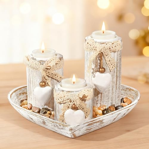 GoMaihe Holz Teelichthalter mit Tablett: 3-teiliges Kerzenständer-Set aus für Hochzeits- und Esstischdekoration, Geburtstagsgeschenk für Mama, romantische Wohndeko, Herzform