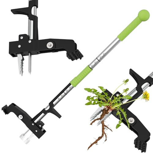 Ergohortus Steh-Unkrautstecher, 4-Krallen Unkrautentferner Gerät Löwenzahnstecher für Garten Terrasse Rasen, Langer Unkrautstecher mit Stiel