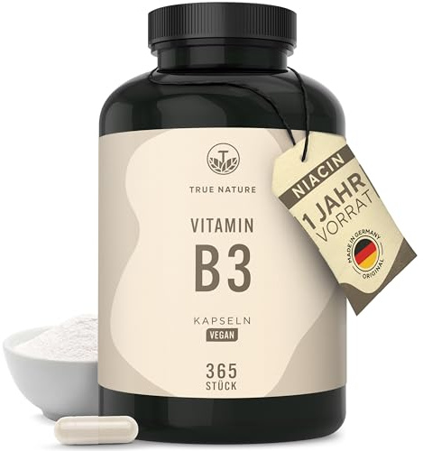 Vitamin B3 Niacin - Hochdosiert: 500mg Nicotinamid - 365 Kapseln - 1 Jahr Vorrat - Flushfree - unterstützt Energiestoffwechsel, Haut und Nerven* - Vegan & Deutsche Produktion - TRUE NATURE