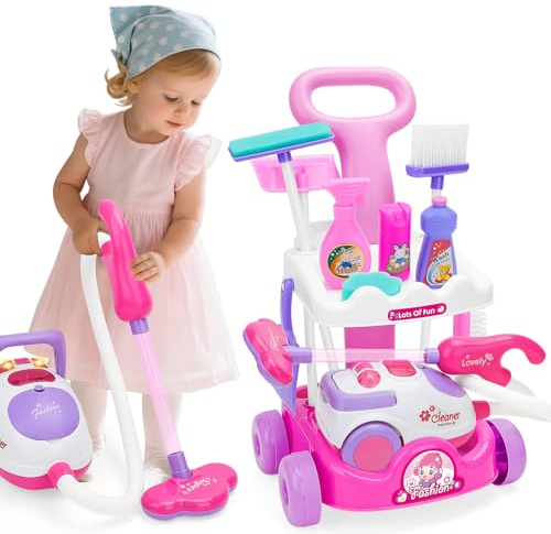 deAO Kinderstaubsauger Set mit Saugfunktion, 11-teiliges Putzset Kinder mit Wagen, Spielzeug Staubsauger mit Sound - Realistisches Haushaltsspielzeug für Jungen und Mädchen ab 3 Jahren