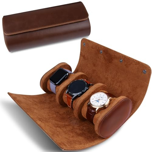 RoYiio 3 Slots Zylindrische Uhrenbox, Uhrenrolle Reisetasche Vintage Uhrengehäuse für Männer Frauen - Braun Upgrade-Version
