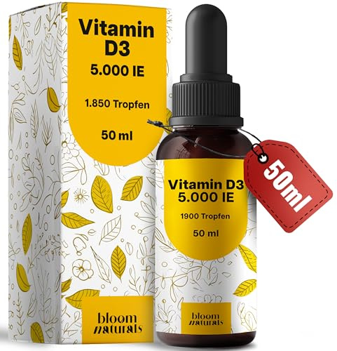 Vitamin D3 Tropfen Hochdosiert 5000 IE - 1850 Tropfen - 50ml - Geschmacksneutral - Laborgeprüft & produziert in Deutschland - Verpackung kann variieren
