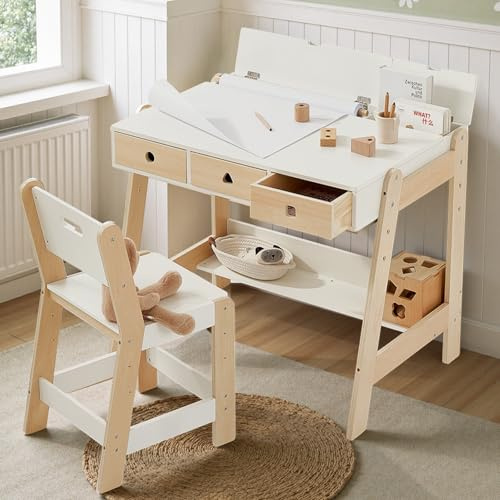 Giant bean Kinder-Schreibtisch-Set mit Stuhl Holz-Kinderset mit höhenverstellbarem Schreibtisch & Stuhl (3-12 J.). Stabile Tischplatte (40 kg), für Hausaufgaben & Spielen Kinderschreibtisch