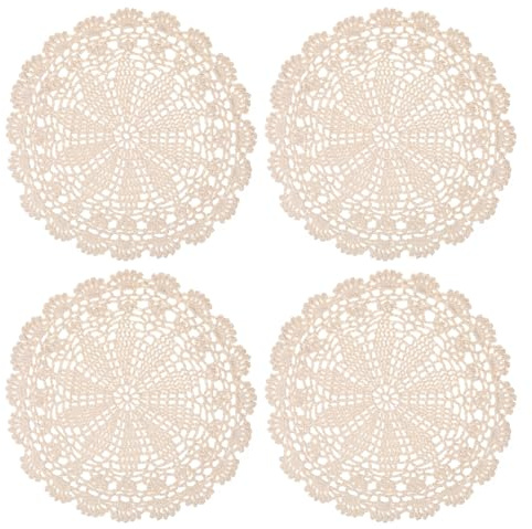Larrel 4 Stück Gehäkeltes Tischset Rund, 25 cm Spitze Platzdeckchen Rutschfestes Handgefertigte Häkel-Tischset Beige Vintage Häkeldeckchen für Küche, Esszimmer, Café, Party, Hochzeit