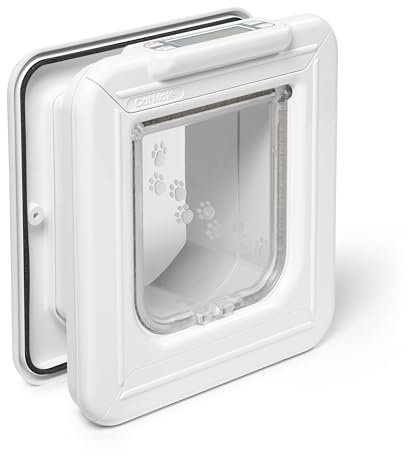 Cat Mate Elite Mikrochip-Katzenklappe mit Timer & LCD-Display (355), Weiß | Mit Digitalem Timer & LCD-Display für kleine bis mittelgroße Katzen, Einfache Installation in UPVC-Türen, Glas und Holz