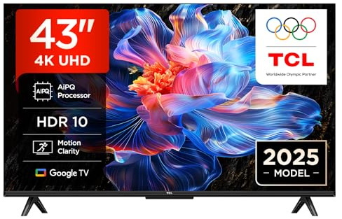 TCL 43V6C 43 Zoll 4K UHD Smart Fernseher – HDR10+, HVA-Panel, Dolby Vision, Google TV, HDMI 2.1, DVB-T2/C/S2, Bluetooth 5.2, Sprachsteuerung mit Alexa & Google Assistant