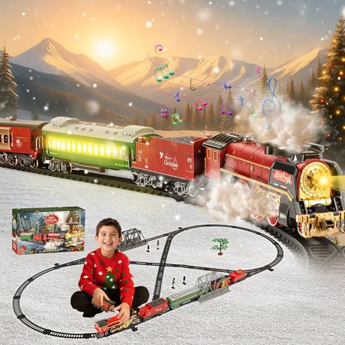 JONRRYIN Elektrische Zug Spielzeug, Eisenbahn Weihnachtsbaum Elektrisch, Weihnachtszug mit Schienen, Dampf, Licht & Sound, Dampfzug den Tannenbaum Geschenk für Kinder