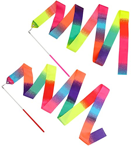 Abeillo 2 Stück Gymnastikband mit Stab, 2M Gymnastikband Kinder Tanzen Streamer Rhythmische Sportgymnastik Band Tanzbänder für Künstlerische Tanztraining
