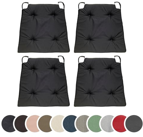 sleepling 4er Set Stuhlkissen, 42 (vorne) 35 (hinten) x40x5 cm, Sitzkissen für Stuhl & Bank mit Klettverschluss, Indoor & Outdoor, 100% Mikrofaser, Made in EU, waschbar bis 30 Grad, Basic 10, Schwarz