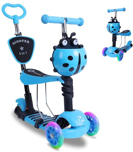 Habib 5-in-1 Kinderroller mit Rückenlehne für Jungen und Mädchen - Abnehmbarer Sitz, LED-Räder, Höheverstellbarer Lenker, Tretroller - Kinder Roller Outdoor Spiel, für 2-8 Jahre Kinder - Blau