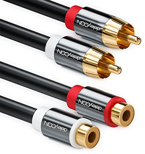 deleyCON 2m Cinch RCA Stereo Audio Verlängerungskabel 2x Stecker - Schwarz | 2x Stecker zu 2x Buchse, vergoldete Metallstecker