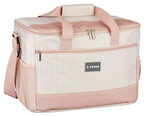 B.Prime Große 20 Liter Isolierte Kühltasche - 36 x 26 x 22 cm - Lunch Kühltasche - Isolierte Lunchtasche - Roségold/Weiß gestreift