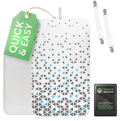 SimplySmooth Bügelunterlage 100x60 - hitzebeständige Bügeldecke mit Spannern, Bügeltuch und E-Book - extrem rutschfester Reisezubehör