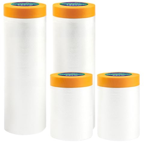 4 Rollen Abdeckfolie mit Klebeband, Malerfolie Abklebeband mit Folie | 280cm*20m,150cm*20m,55cm*20m x 2, Selbstklebende Gold Tape Masking Master, Malerkrepp zum Staubschutz Fenster Tür Möbel