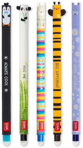 Legami – Set aus 5 radierbaren Gelstiften mit wärmeempfindlicher Tinte, einer Auswahl an Tintfarben und Designs, 0,7 mm Spitze, mit den Motiven Pinguin, Panda, Lama, Biene und Nilpferd