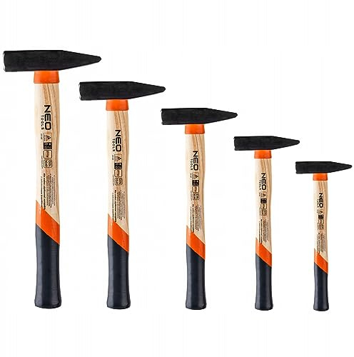 NEO TOOLS Schlosserhammer Set, Eschestiel, 5 Teile 200g, 300g, 500g, 800g, 1000g | Geschmiedeter und Gehärtet Hammerkopf, Holzstiel