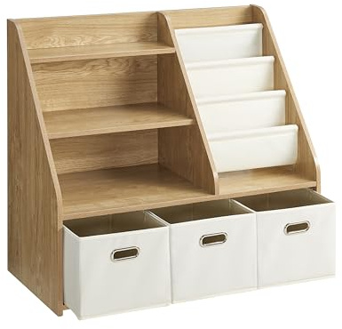EFURDEN Kinder Bücherregal mit Aufbewahrung, 4-stufiges Montessori Spielzeugregal aus Holz mit 3 Schubladen & 4 Stoffboxen, Organizer für Kinderzimmer, Spielzimmer