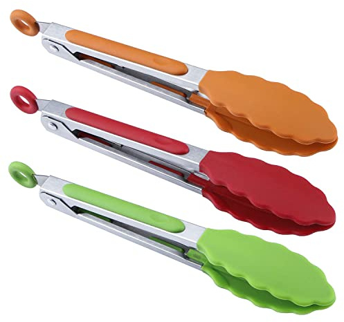 MSY BIGSUNNY Mini-Servierzange, Silikon Küchenzange, 17,8 cm, Rot, Grün, Orange, 3 Stück