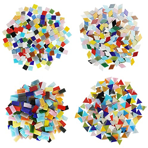 Belle Vous 525 Stk Bunte Glas Mosaiksteine zum Basteln in 4 Formen - Mit Rauten-, Quadrat-, Rechteck- und Dreieck- Mosaik Formen für Kunstwerk-, Deko- & Mosaik Basteln