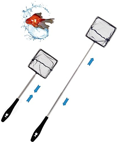 Kescher Fischnetz, Aquarienkescher mit Teleskopstiel, aus rostfreiem Stahl, zum Fangen von kleinen Fischen und Garnelen und zur Reinigung des Aquariums（Schwarz）