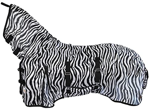 Marengos - Zebra-Fliegendecke mit Halsteil & Bauchlatz | robuste & atmungsaktive Ekzemerdecke | Schutz vor Insekten | extrem winddurchlässige Fliegendecke | Outdoor-Pferdedecke 155cm