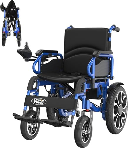 VOCIC Rollstuhl Elektrisch Faltbar Leicht bis 150KG,30KM Elektrischer Rollstuhl Outdoor Elektrorollstuhl mit 40CM Gummi Luftbereifung für all Gelände,Leicht zu transportieren (Blau)