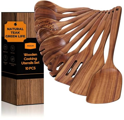 Mooues Kochlöffel Holz Set aus natürliches Teakholz, 10 Stück Küchenhelfer Set, Holzlöffel, Pfannenwender, Salatbesteck, Suppenkelle und weitere Küchenutensilien, Hochwertig und Nachhaltig