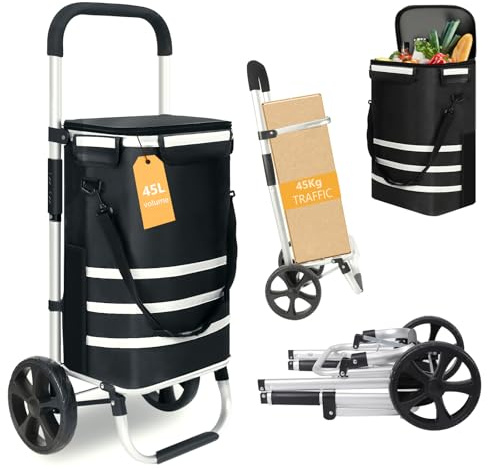 Faltbarer Einkaufswagen 45L Kapazität Fassungsvermögen, 3-in-1 Trolley Sackkarre & Umhängetasche mit Kühlfach, Einkaufswagen mit Kühlfunktion, Tragkraft bis 45KG