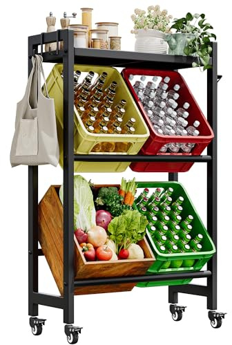 YITAHOME getränkekistenregal mit ablage 4 kisten, getränkekistenregal rollen, verstellbaren füße, Öffner, Haken, Metall regal getränkekisten für Bier, Obst, Gemüse, Wasser, getränkeregal kisten regal